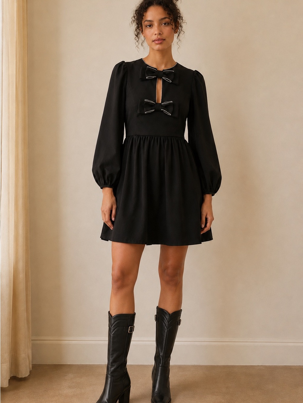 Tuckernuck x Hyacinth House Black Bow-Front Long Sleeve Mini Dress Size XXL